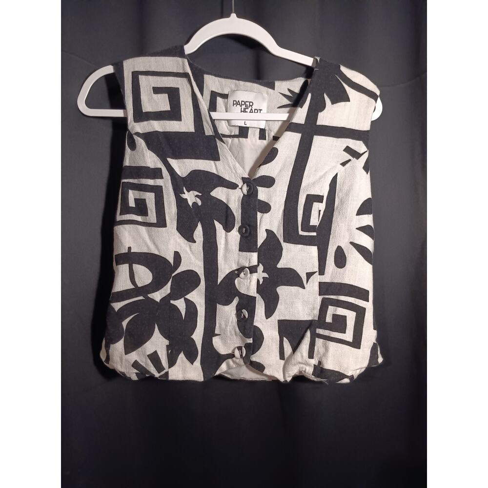 Paper Heart Lrg Linen Blend Black Ivory Geometric Summer Vest Button Front Tank